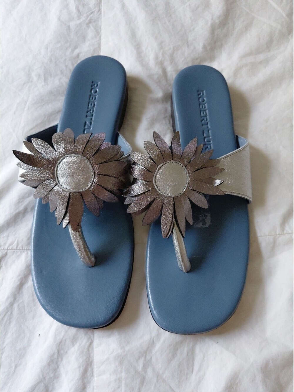 Robert Zur Sunflower Thong Leather Sandals Silver Blue Size 8M EUC